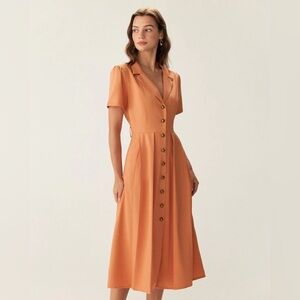 Rihoas Orange V Neck Pleated Button Midi Dress